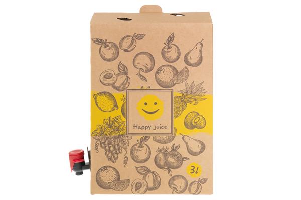Bag-in-box (BIB) pussilla, Happy Juice, 3 litraa, setti: 1 laatikko ja 4 pussia